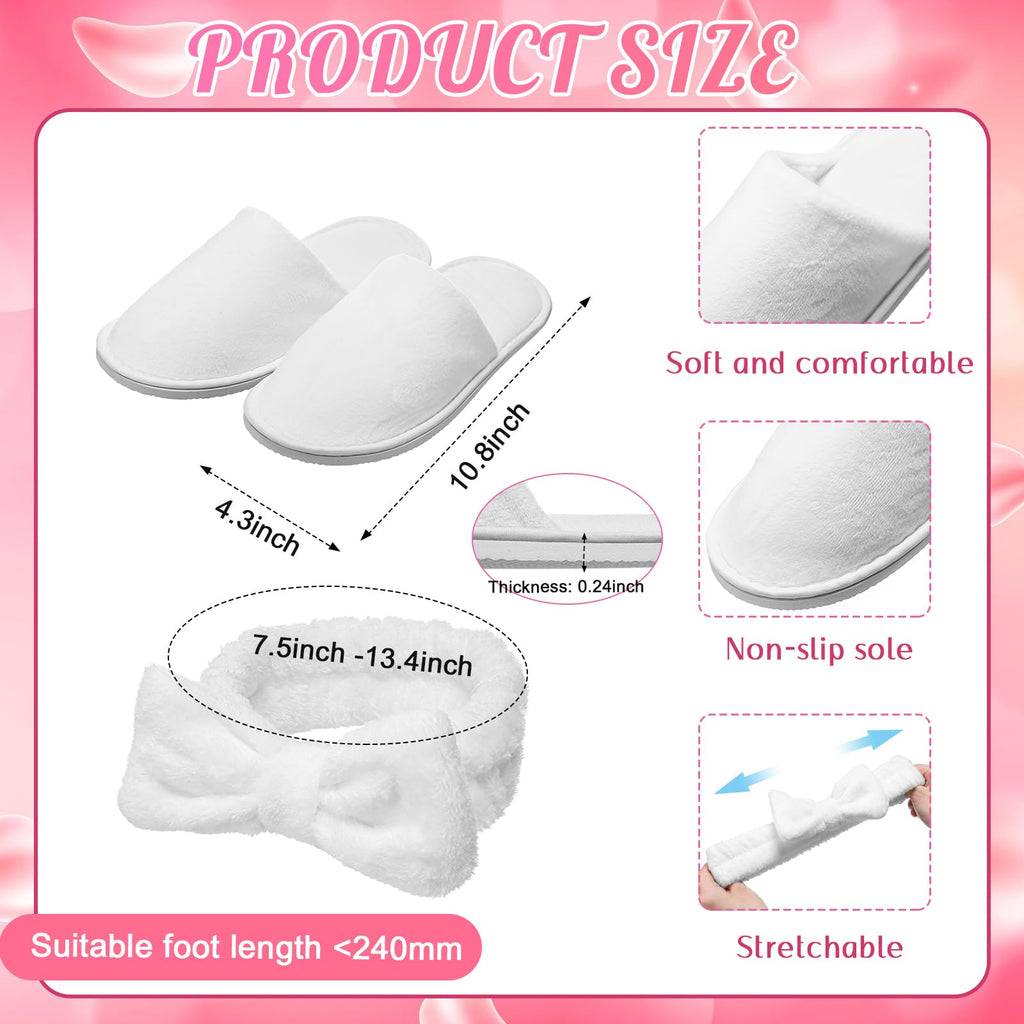 Twistover 12 Pcs Girls Spa Party Supplies | Slippers & Bow Headbands – White