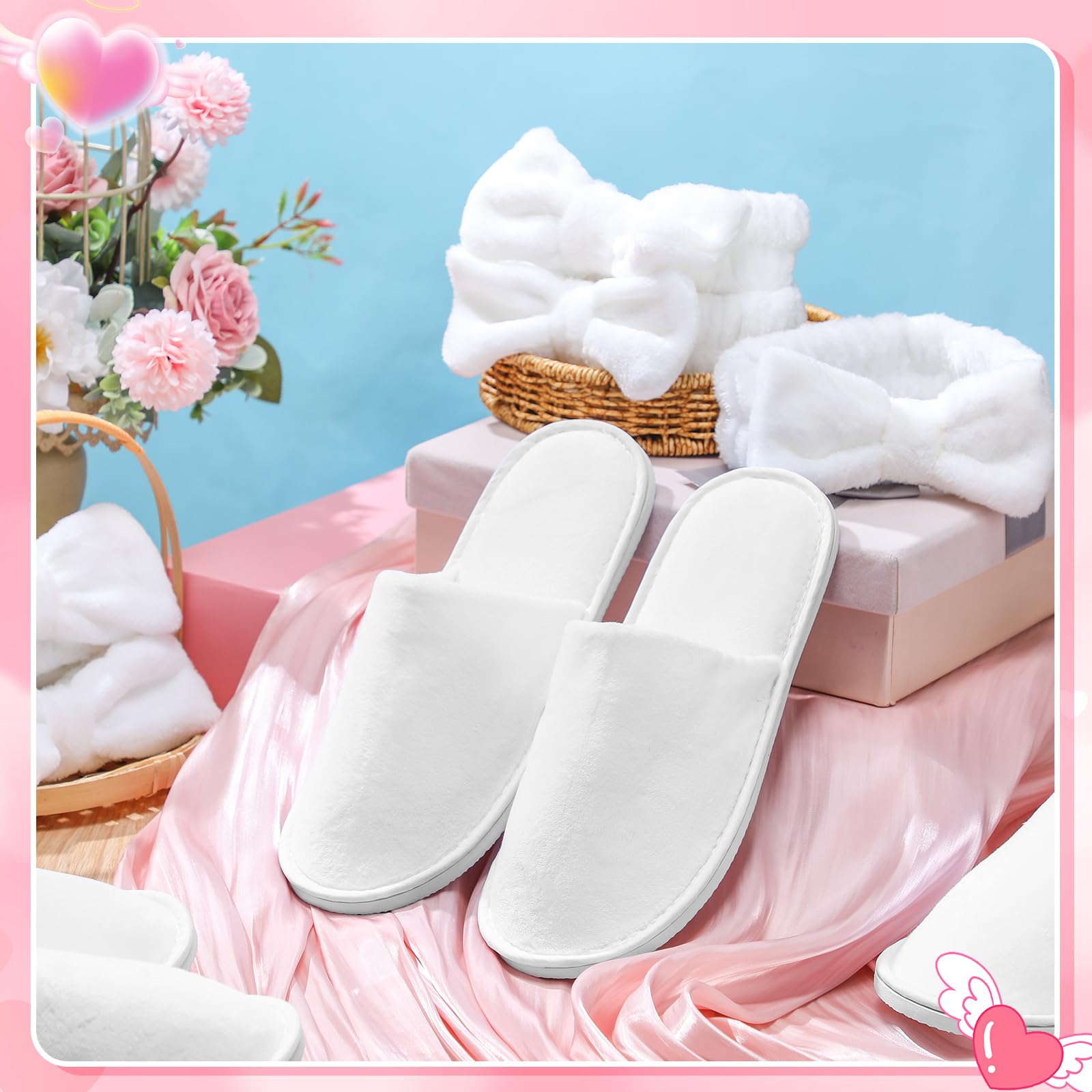 Twistover 12 Pcs Girls Spa Party Supplies | Slippers & Bow Headbands – White