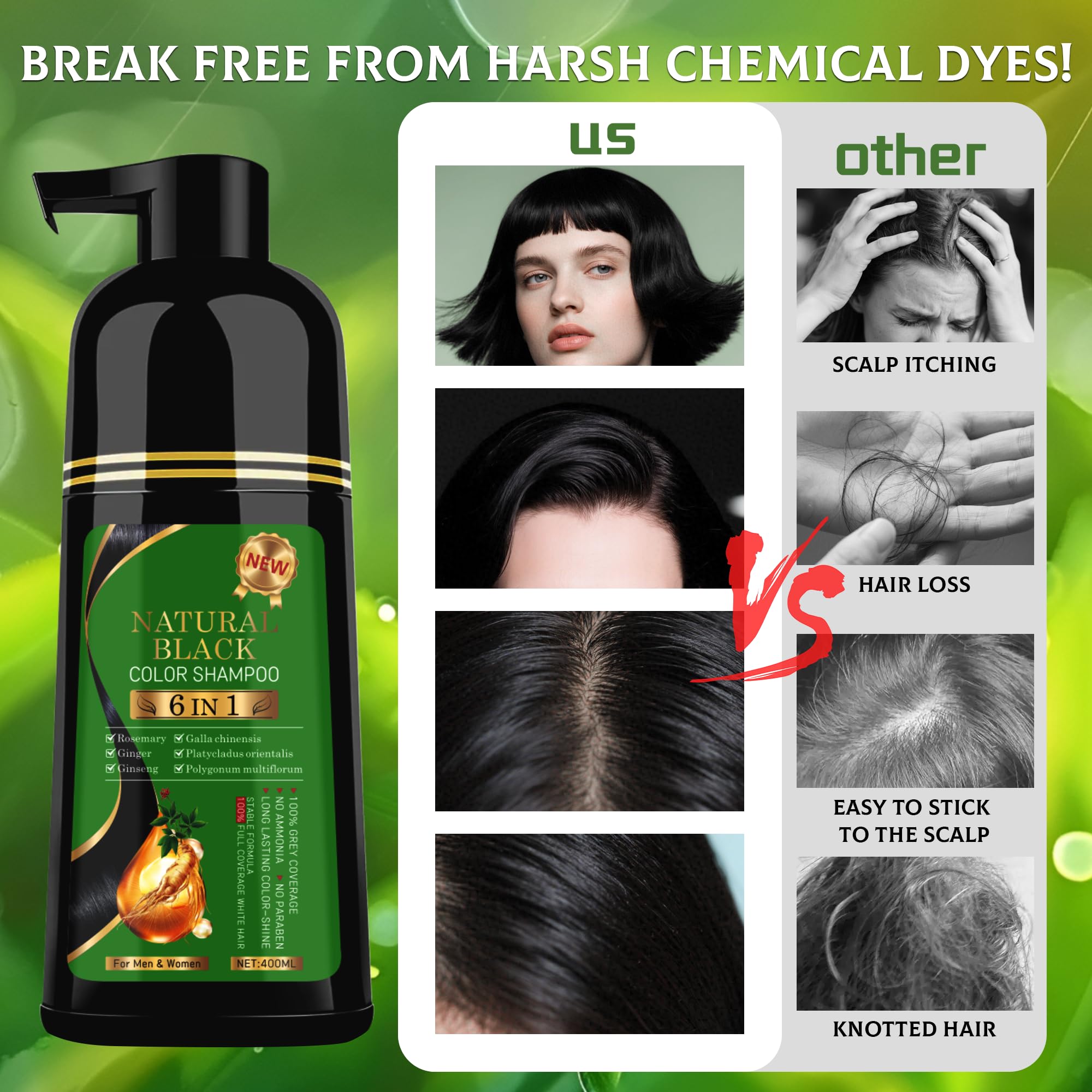 TWMINYUE Black Hair Dye Shampoo - 6-in-1 Natural Herbal Formula for Long-Lasting Grey Coverage