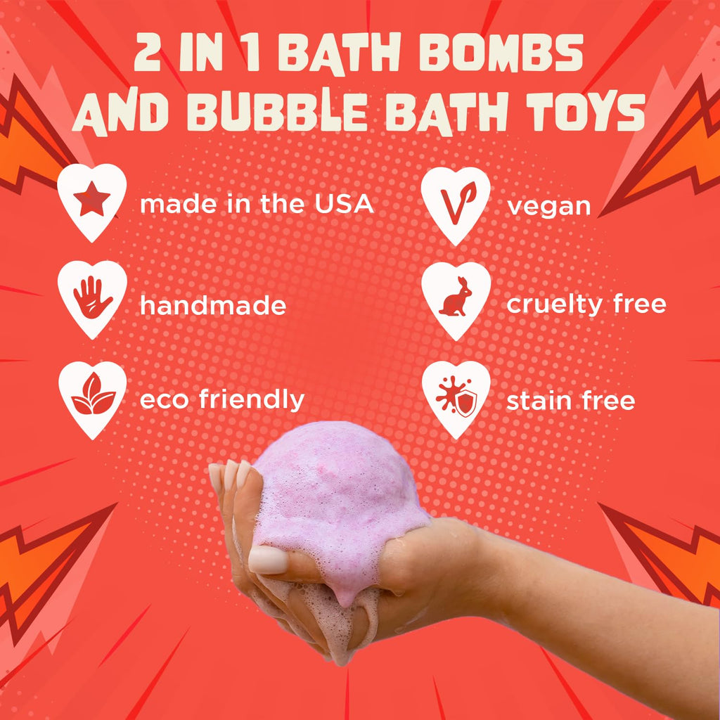 Two Sisters Superhero Bath Bombs for Kids (6 Pack) – Surprise Toys, Fruity Scents, Made in USA