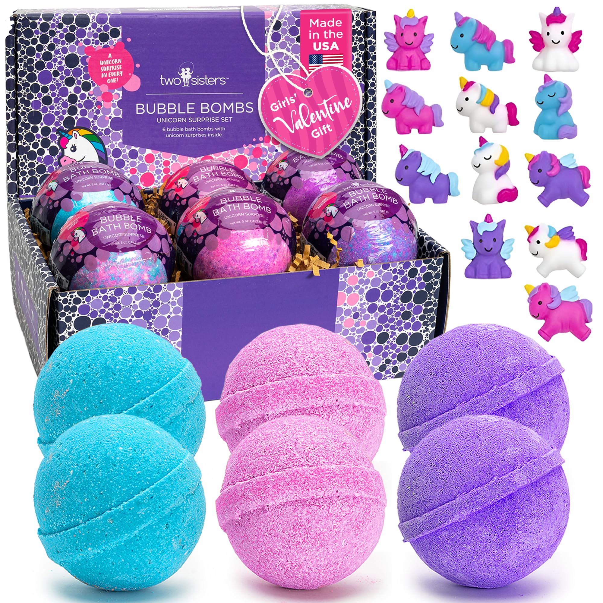 Two Sisters Unicorn Bath Bombs (6 Pack) – Surprise Toy Inside, Fruity Scents, Made in USA