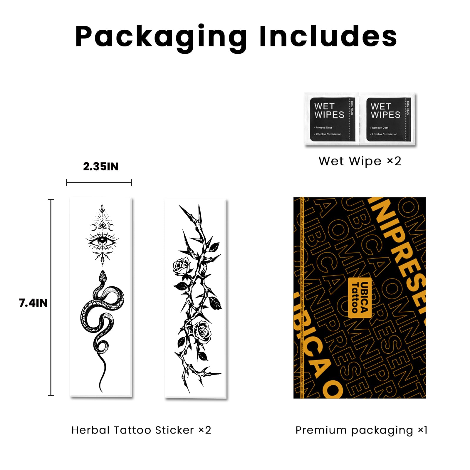 UBICA Semi Permanent Tattoos – 2 Sheets (Snake, Thorns, Eye) 1-2 Weeks