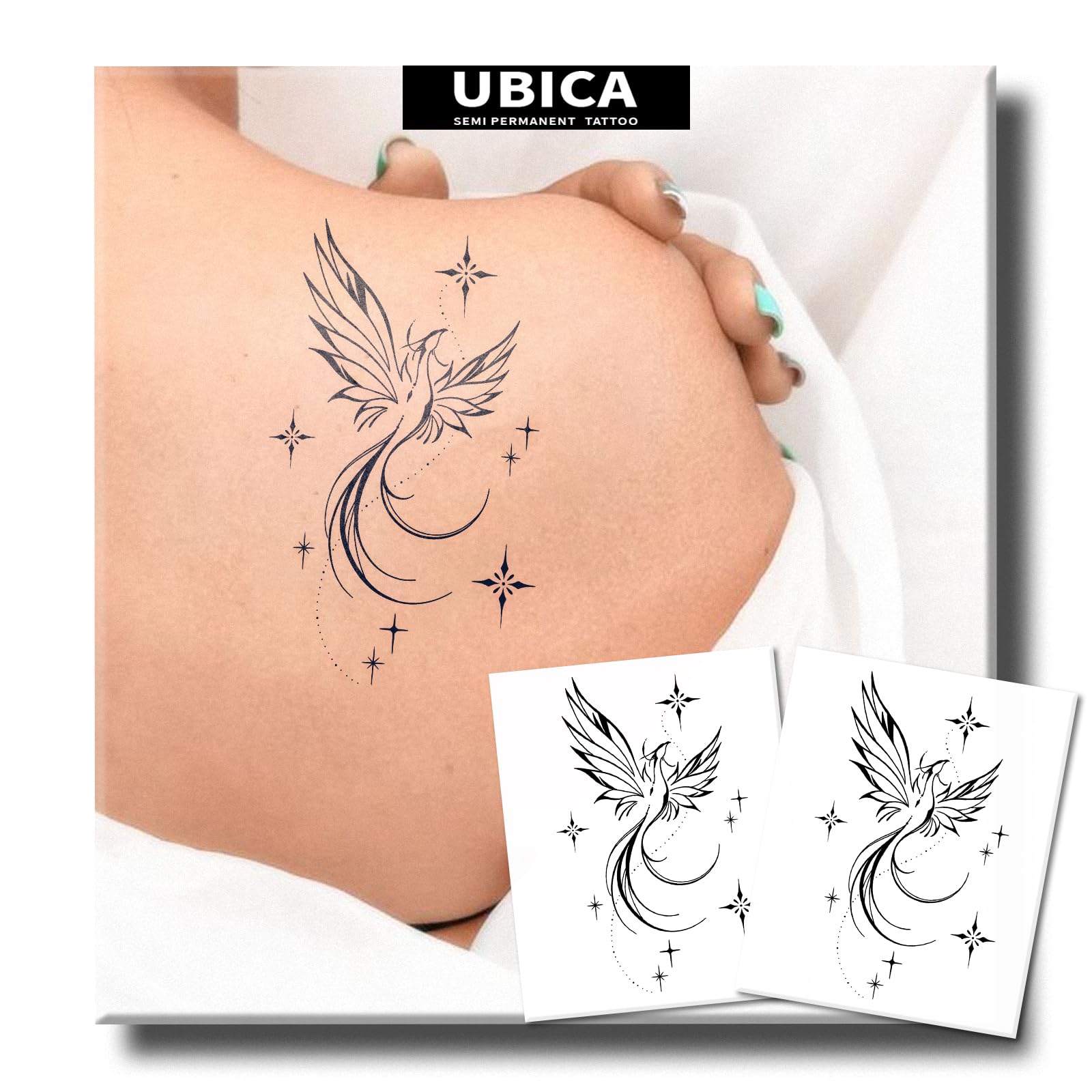 UBICA Semi Permanent Tattoos - 2 Sheets, Waterproof Realistic Back/Arm Designs, Develops in 48H
