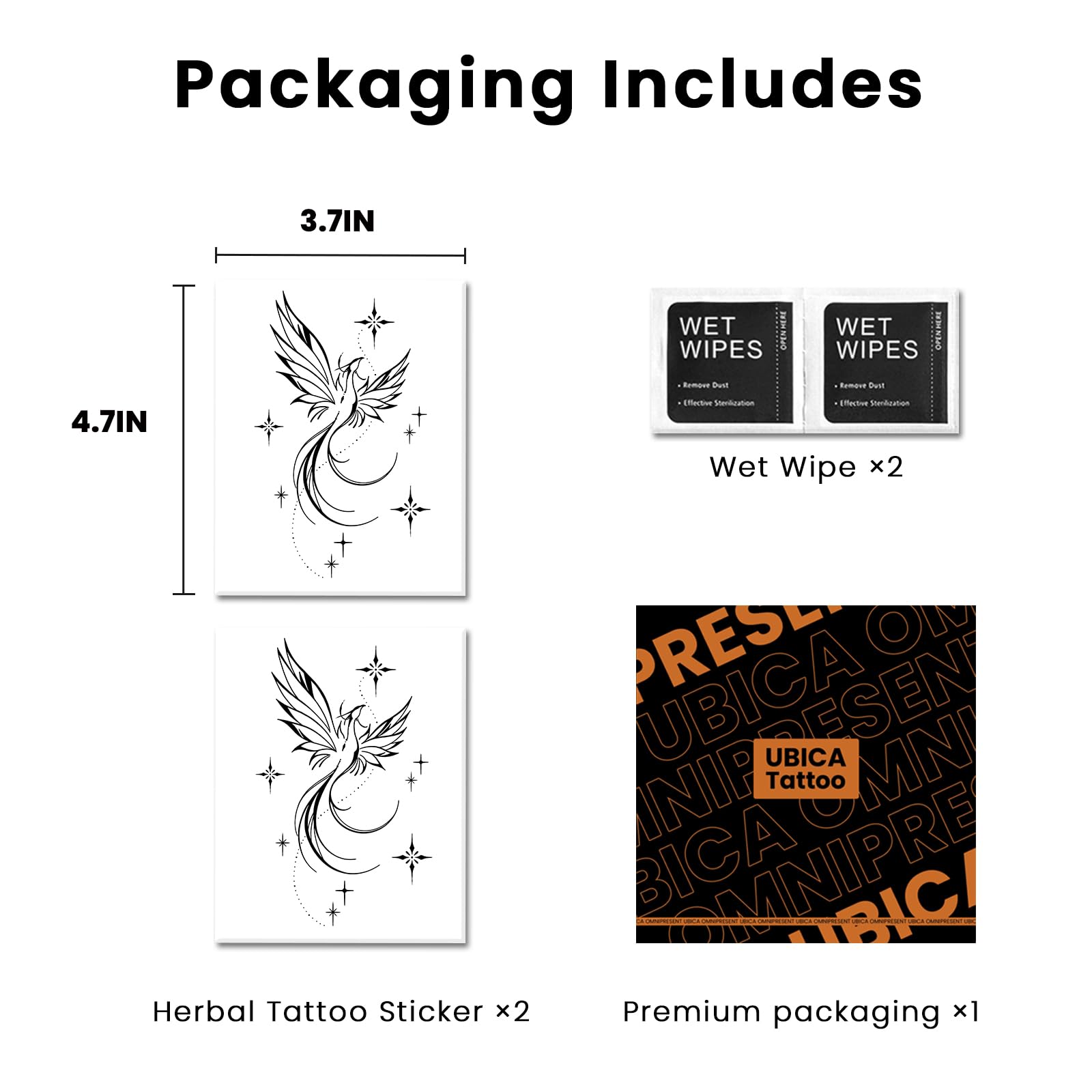 UBICA Semi Permanent Tattoos - 2 Sheets, Waterproof Realistic Back/Arm Designs, Develops in 48H