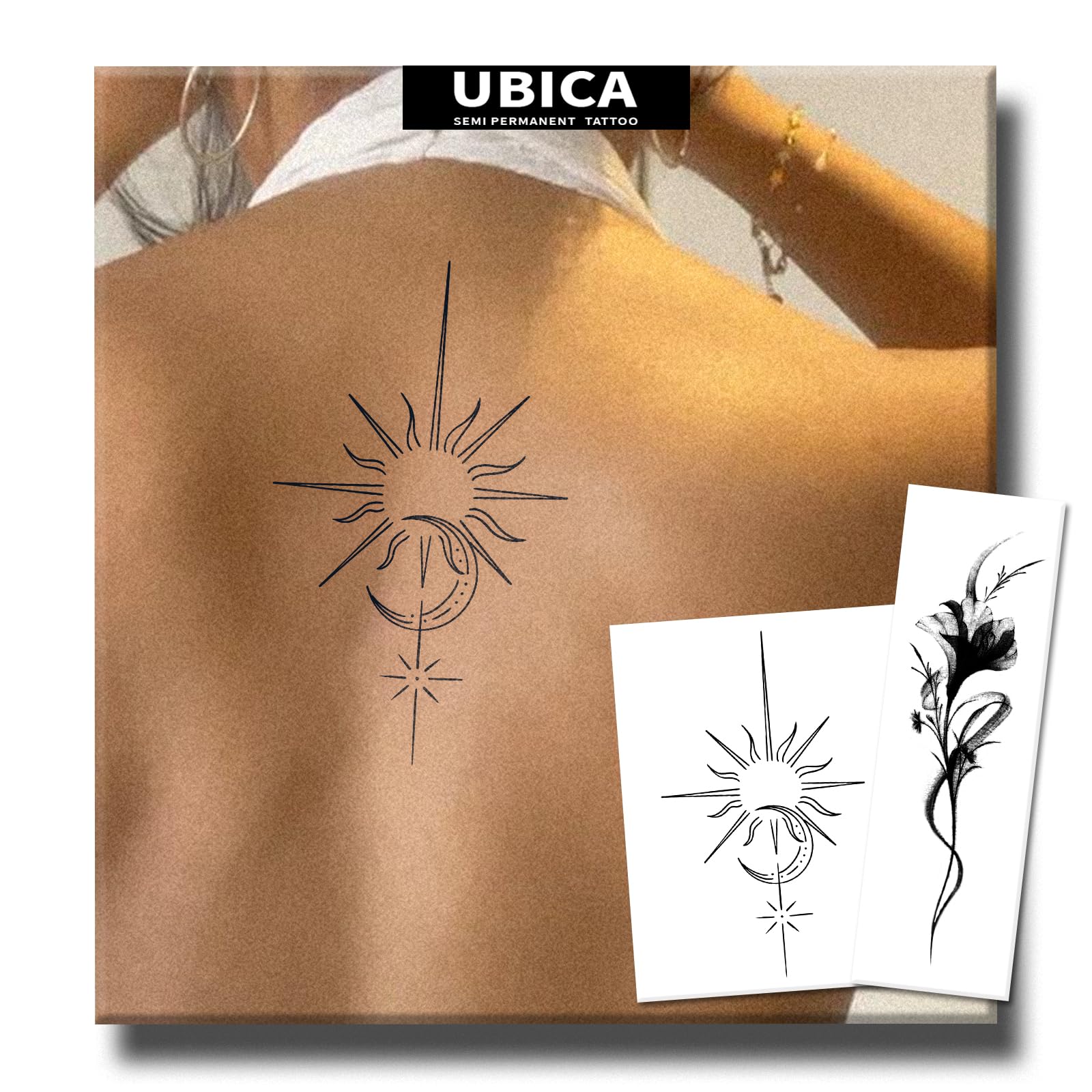 UBICA Semi Permanent Tattoos – Sun & Moon and Flower (2 Sheets) | Lasts 7-15 Days, Water-Resistant, Realistic