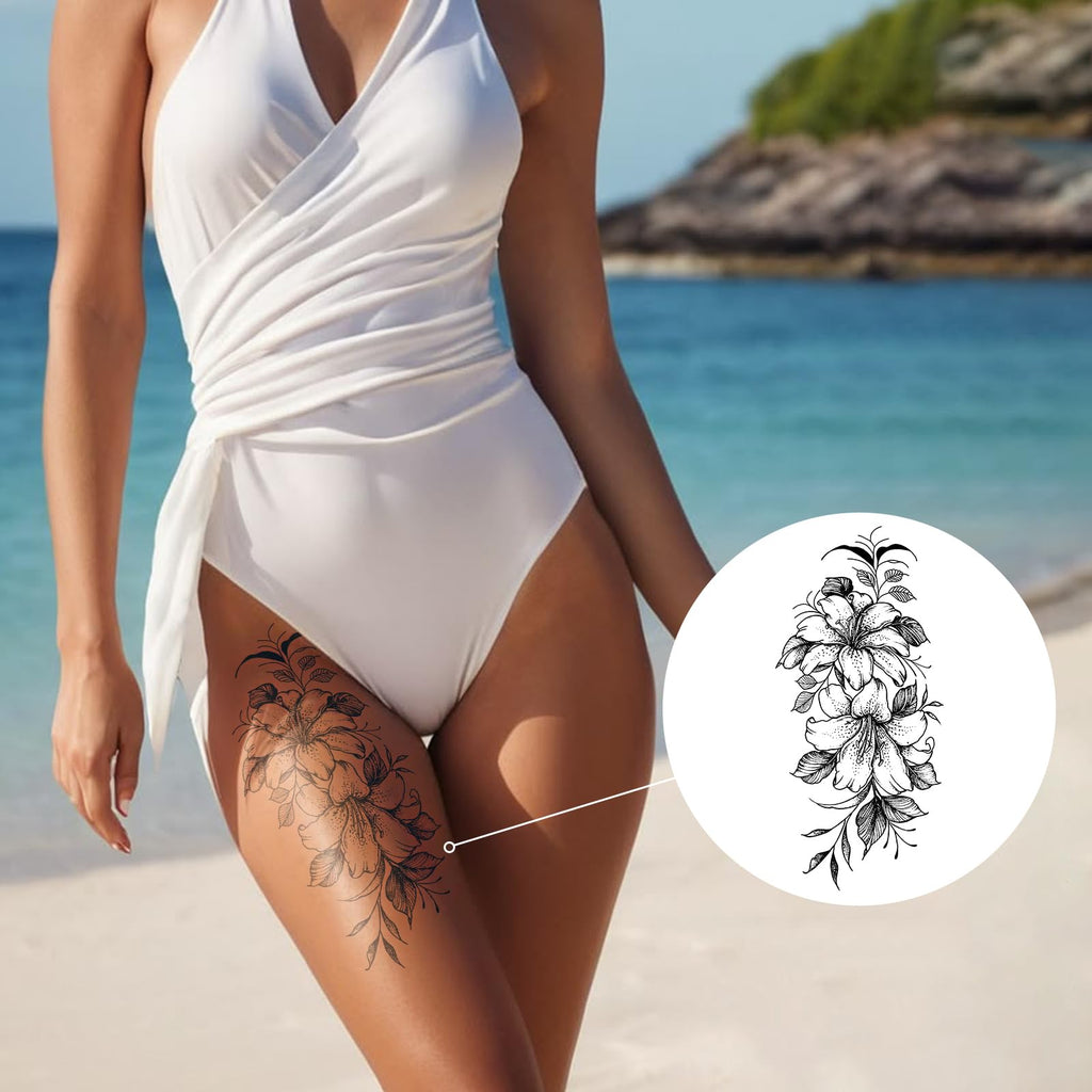 UBICA Tattoo Tech: 2 Large Sheets Lily Flower Semi-Permanent Tattoos, 7–15 Days, Waterproof