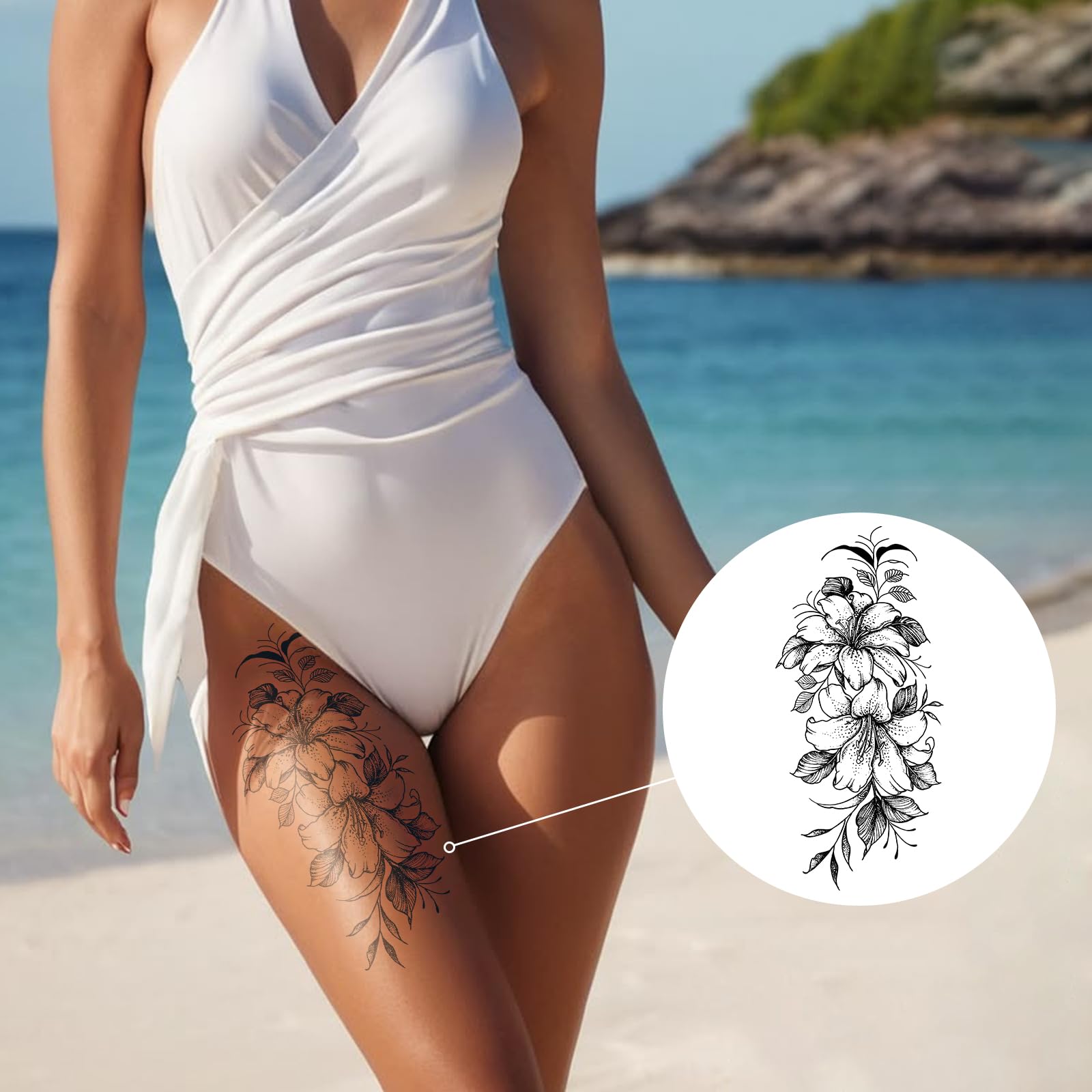 UBICA Tattoo Tech: 2 Large Sheets Lily Flower Semi-Permanent Tattoos, 7–15 Days, Waterproof
