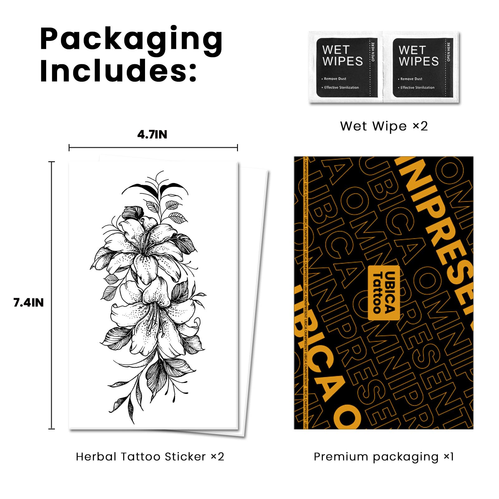 UBICA Tattoo Tech: 2 Large Sheets Lily Flower Semi-Permanent Tattoos, 7–15 Days, Waterproof