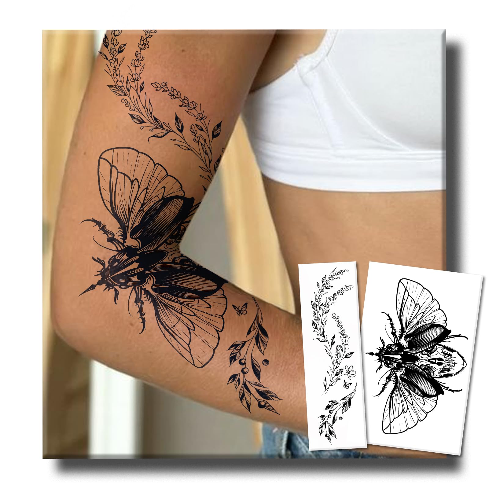 UBICA Tattoo Tech – 2-Sheet Dynamic Beetle Wing Semi-Permanent Tattoo, Waterproof Black Branch Wrist Art