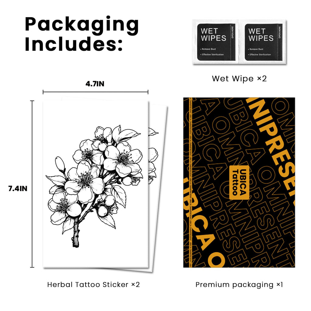 UBICA Tattoo Tech – 2 Sheets Large Semi-Permanent Tattoos (Flowers with Branches), 7–15 Days, Waterproof