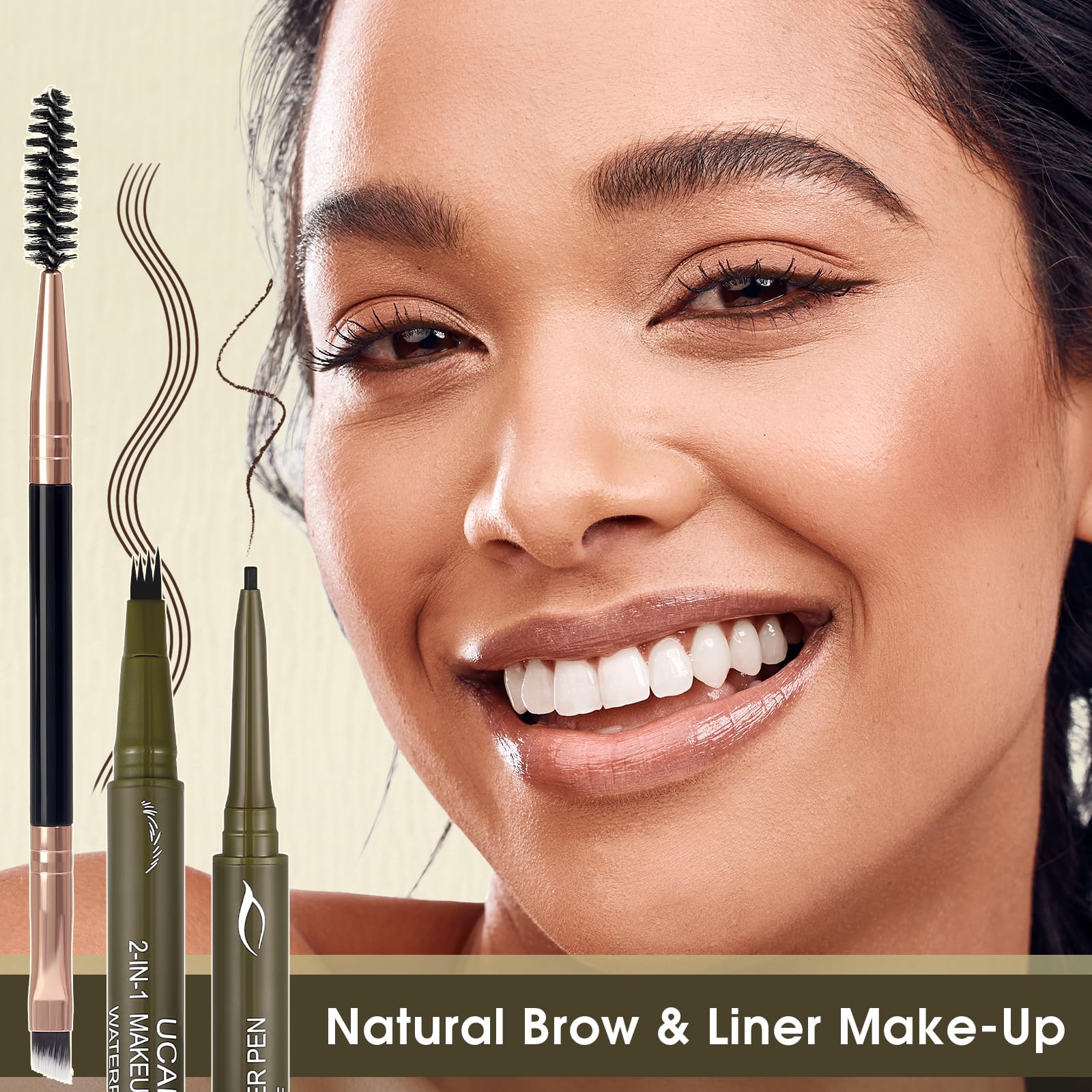UCANBE Dual-Ended Eyebrow Pen & Gel Liner — 4-Fork Tips, Spoolie, Classic Brown