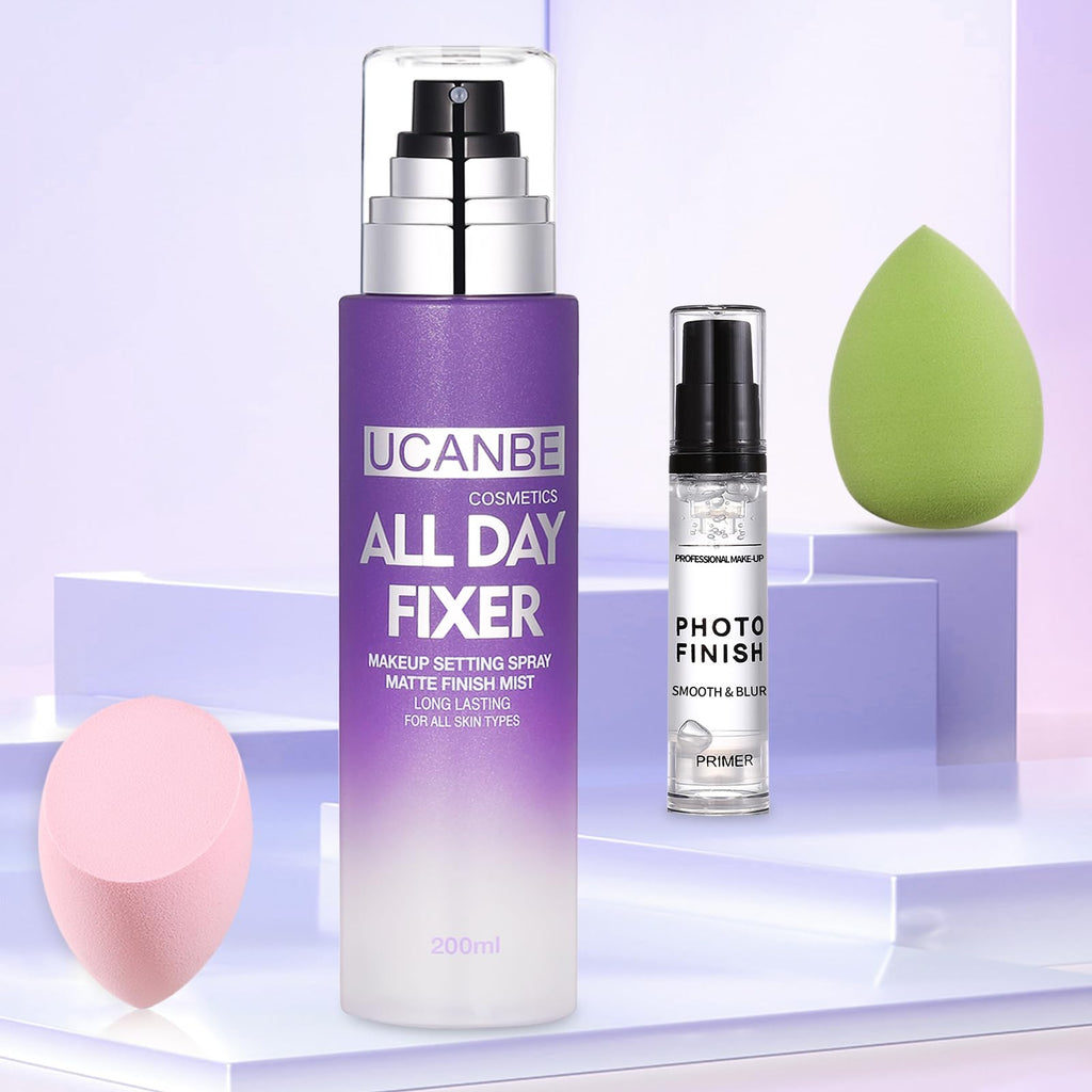 UCANBE Setting Spray + Hydrating Primer & Beauty Sponge Set | Matte Finish, Long-Lasting