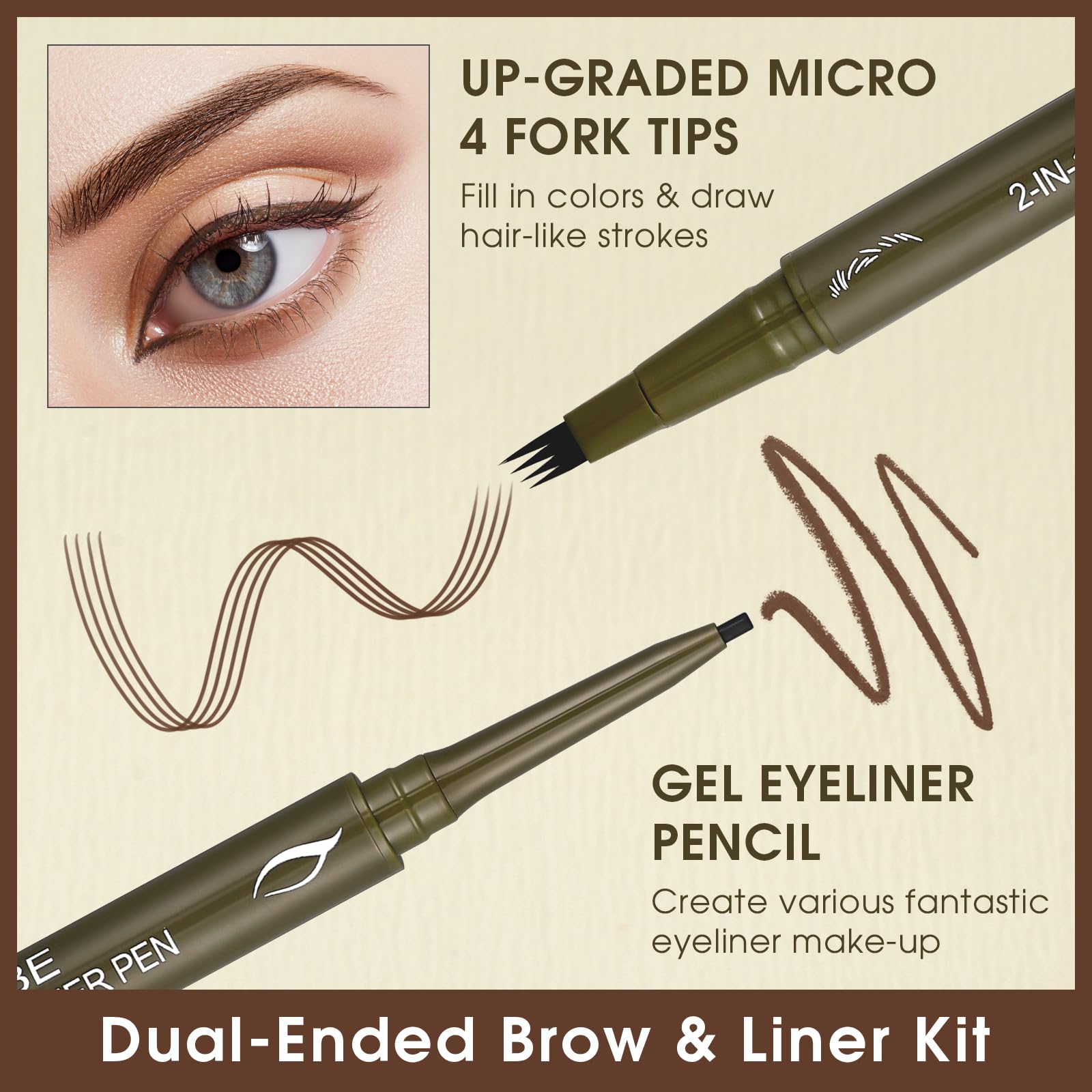 UCANBE Dual-Ended Eyebrow Pen + Gel Liner — 4-Fork Tip, Spoolie Brush, Hair-Like Brows in Dark Brown