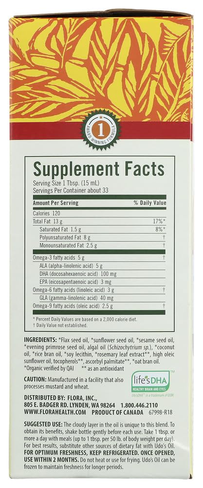Udo's Choice DHA Oil Blend 17oz – Vegetarian Algae DHA, Omega 3-6-9