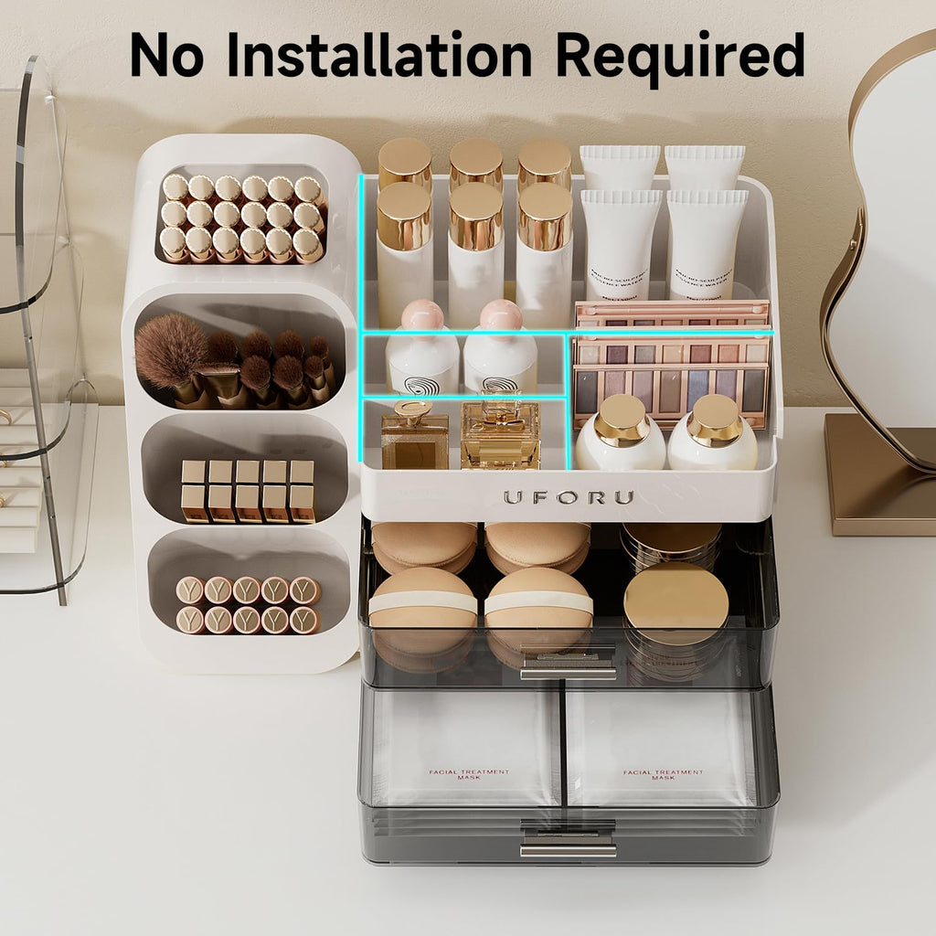 UFORU Makeup Organizer for Vanity — Brush Holder, 2 Drawers, Skincare & Perfume Display