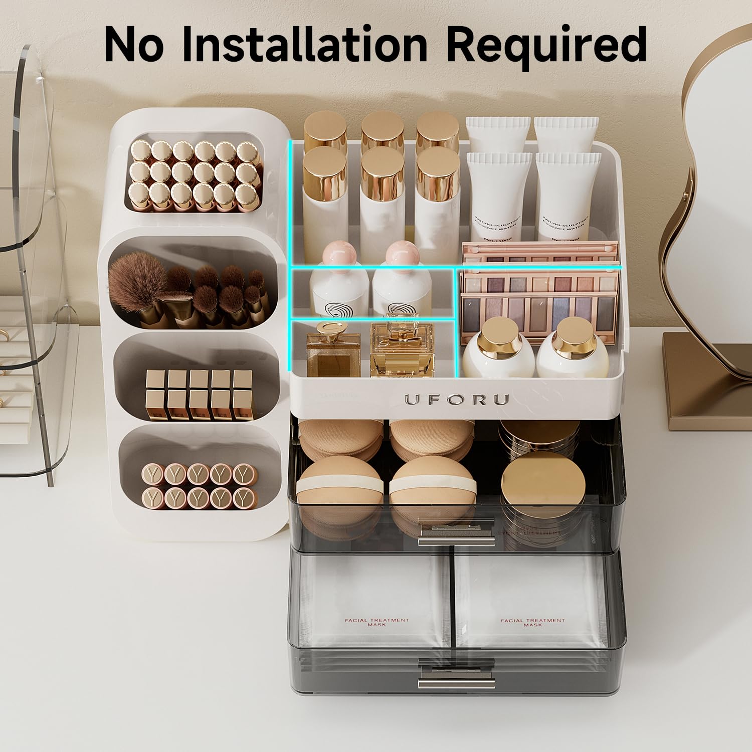 UFORU Makeup Organizer for Vanity — Brush Holder, 2 Drawers, Skincare & Perfume Display