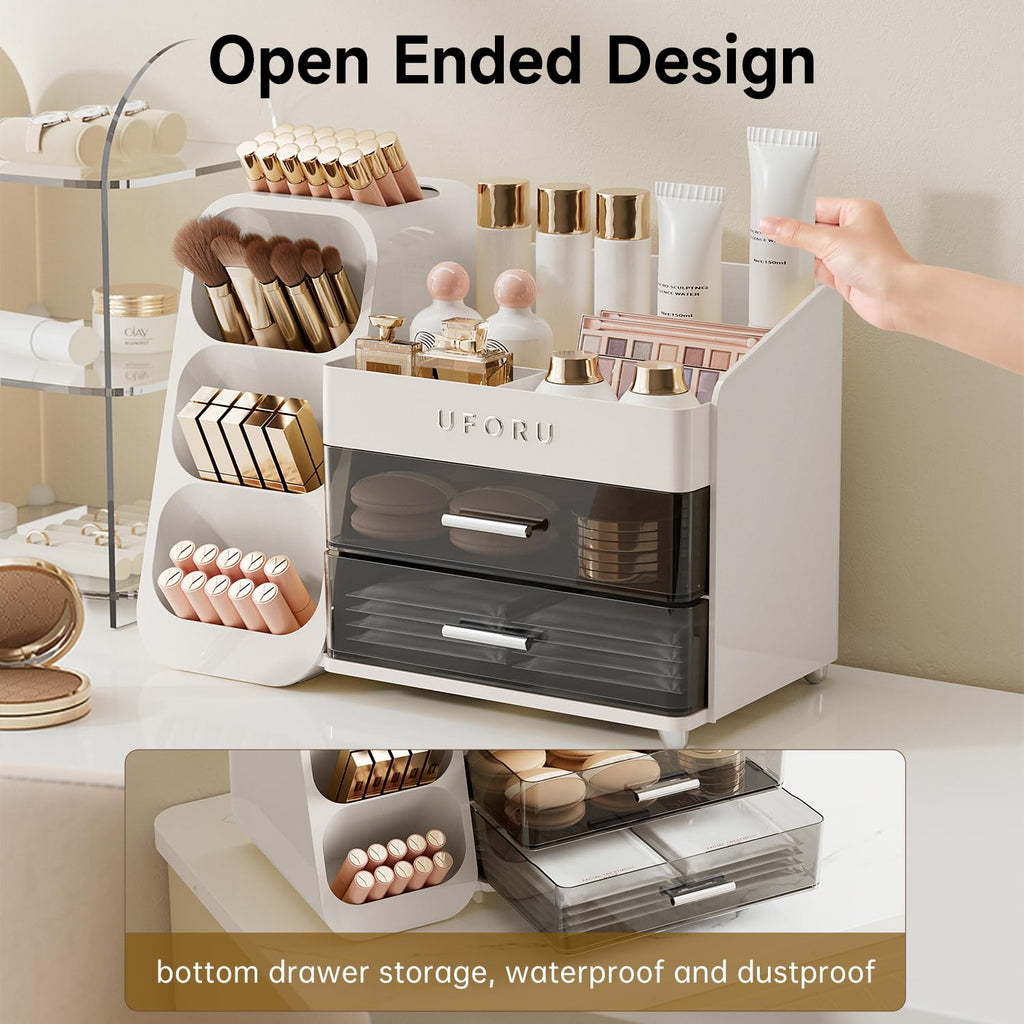 UFORU Makeup Organizer for Vanity — Brush Holder, 2 Drawers, Skincare & Perfume Display