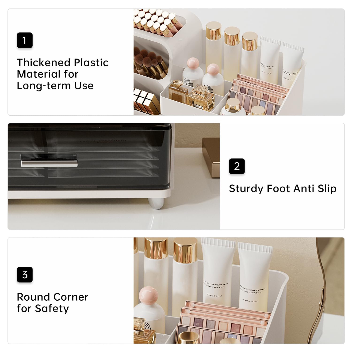 UFORU Makeup Organizer for Vanity — Brush Holder, 2 Drawers, Skincare & Perfume Display