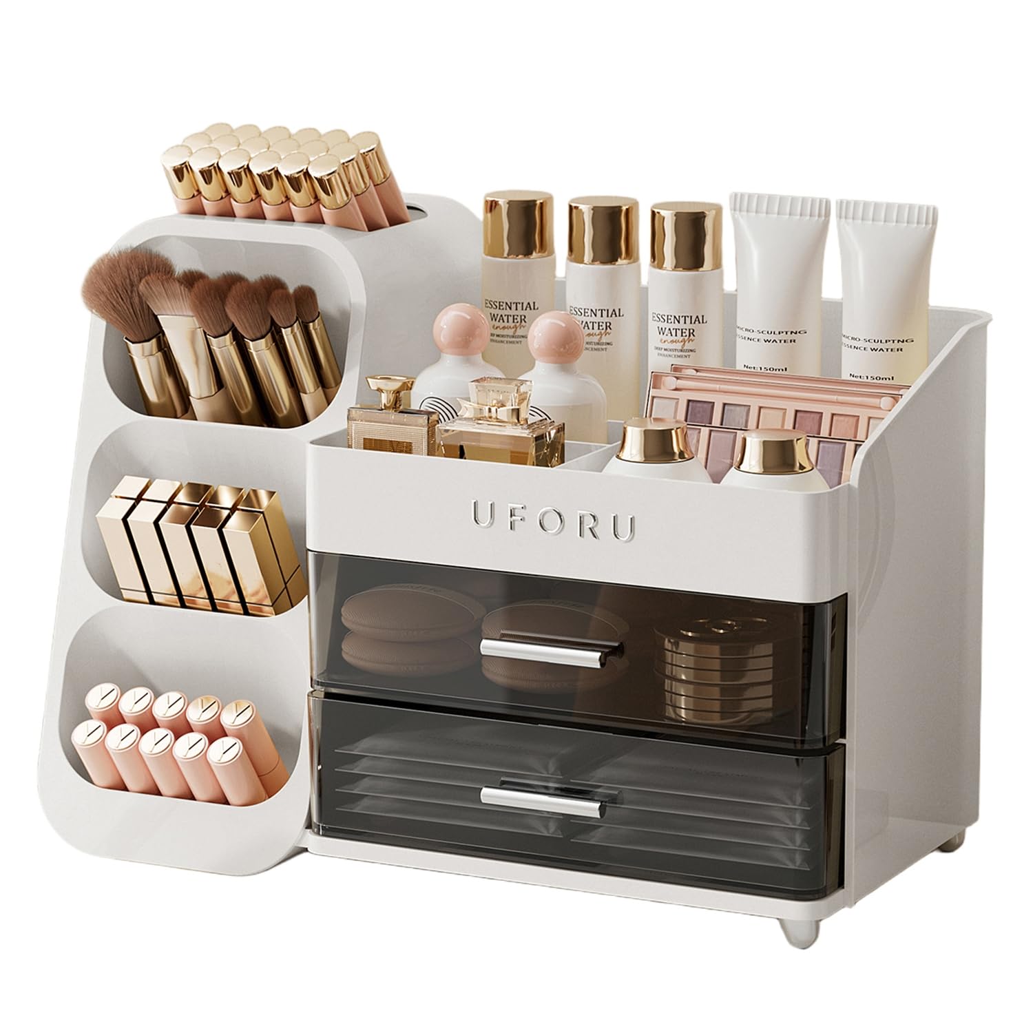 UFORU Makeup Organizer for Vanity — Brush Holder, 2 Drawers, Skincare & Perfume Display