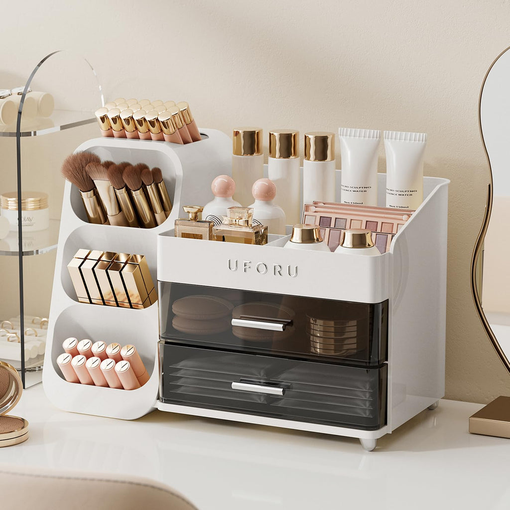 UFORU Makeup Organizer for Vanity — Brush Holder, 2 Drawers, Skincare & Perfume Display