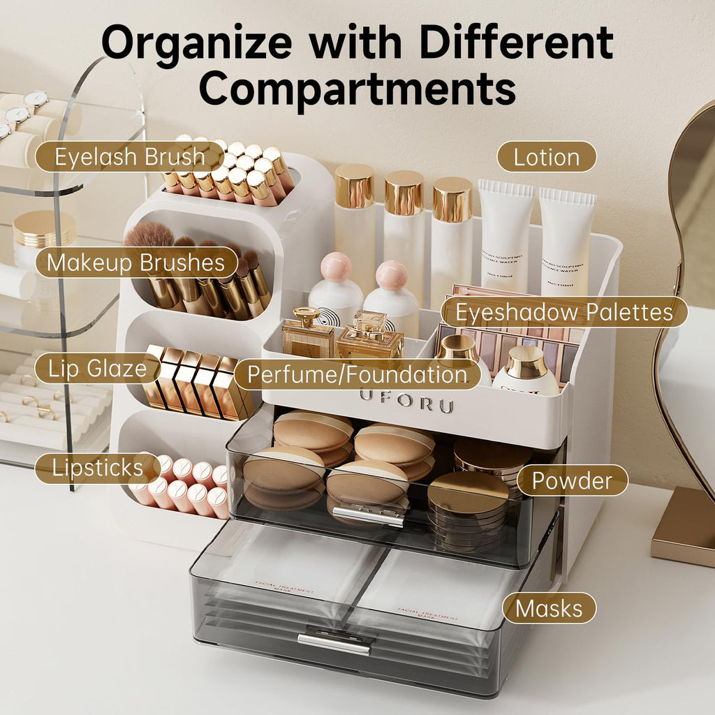 UFORU Makeup Organizer for Vanity — Brush Holder, 2 Drawers, Skincare & Perfume Display