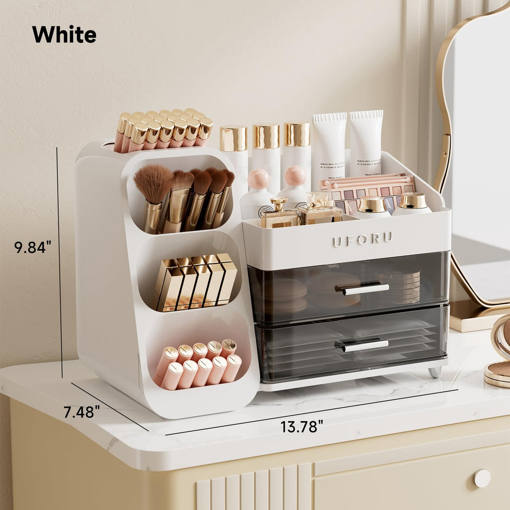 UFORU Makeup Organizer for Vanity — Brush Holder, 2 Drawers, Skincare & Perfume Display