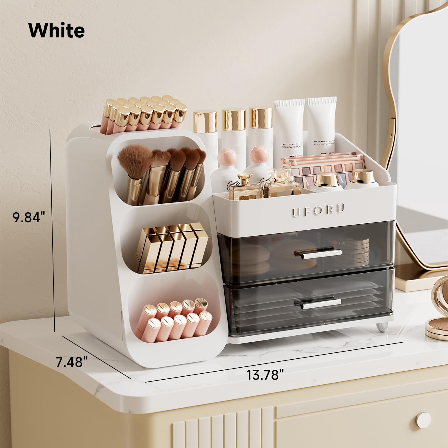 UFORU Makeup Organizer for Vanity — Brush Holder, 2 Drawers, Skincare & Perfume Display