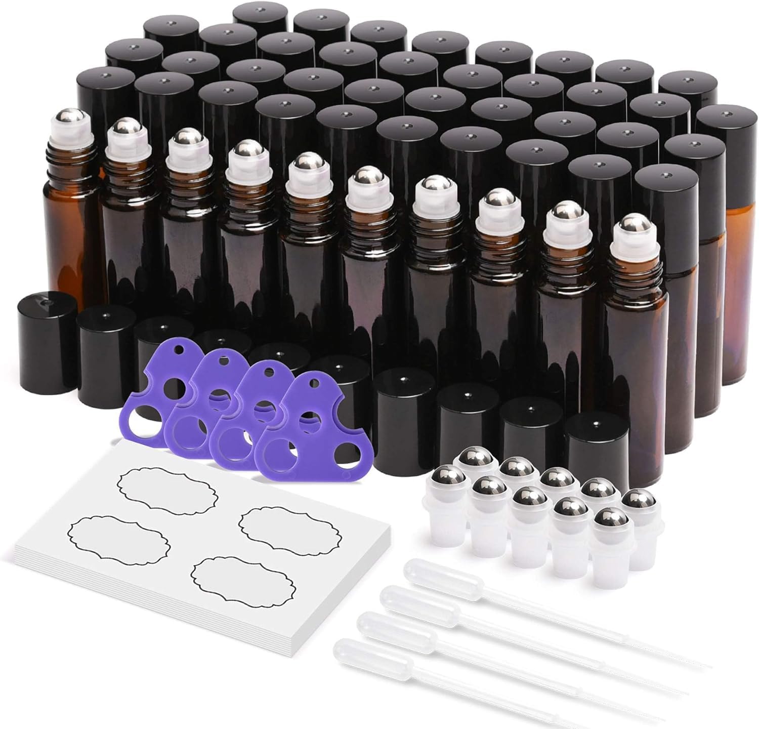 ULG 48-Pack 10ml Essential Oil Roller Bottles – Amber Glass, Stainless Steel Rollers, Waterproof Labels