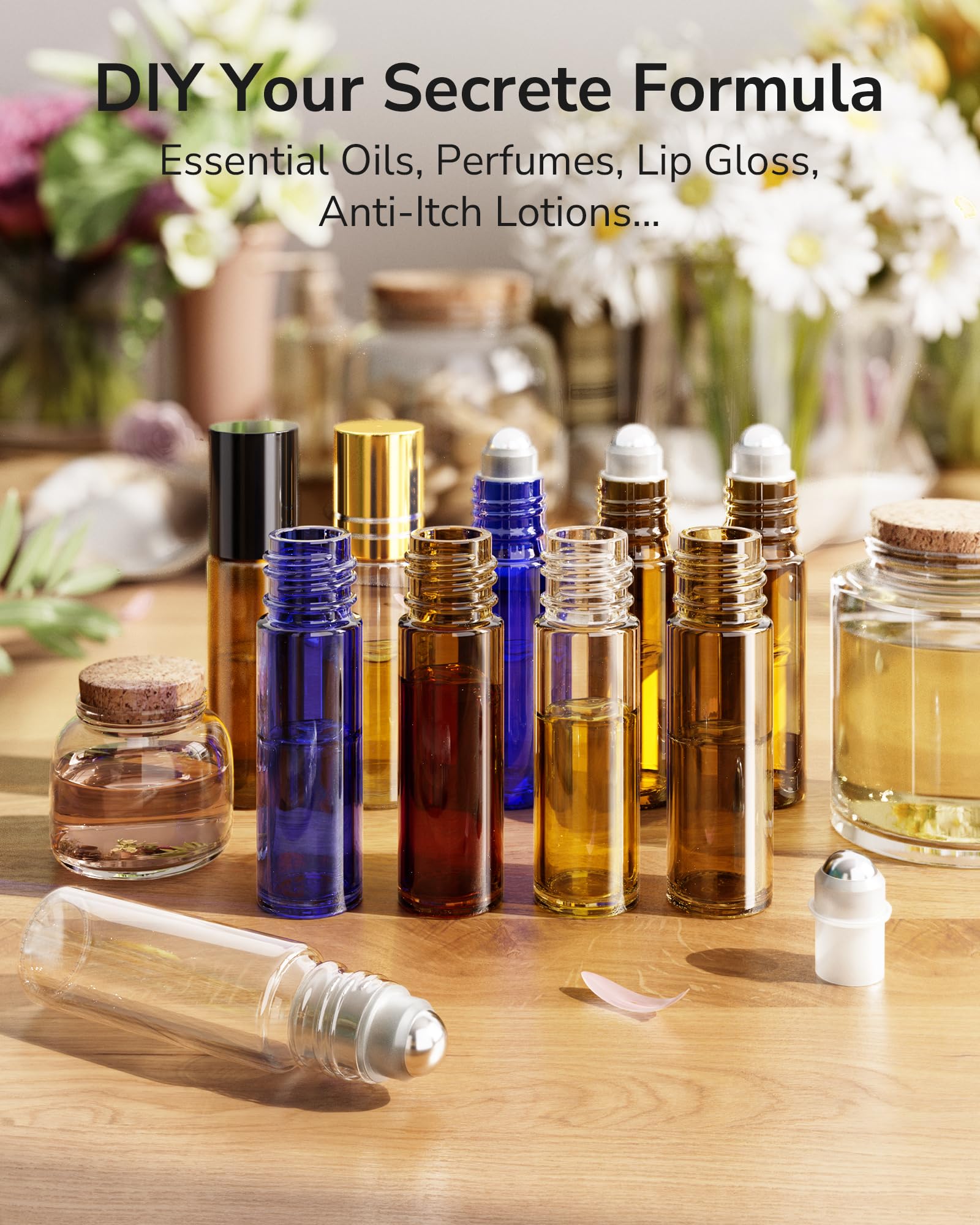 ULG Essential Oil Roller Bottles 48 Pack – 10ml Cobalt Blue Glass with Stainless Steel Rollers