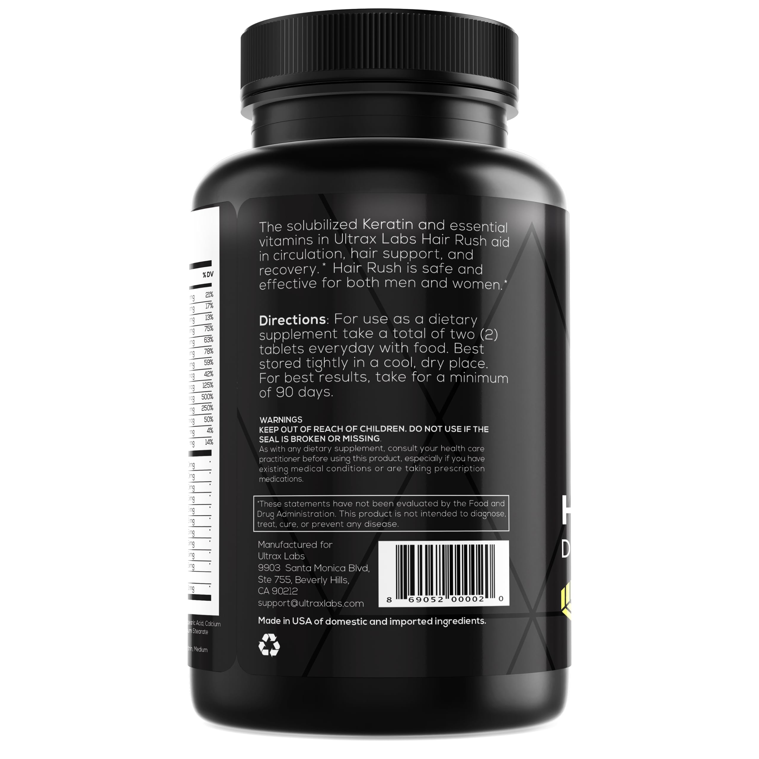 Ultrax Labs Hair Rush | Maxx Hair Growth & Anti Hair Loss Nutrient Solubilized Keratin Vitamin Supplement, 60 Tablets