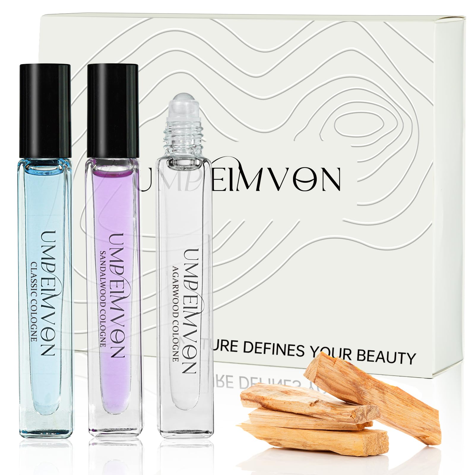 Umpeimvon 3 Pack Unisex Cologne – Classic, Sandalwood & Agarwood Roll-On Perfume Oils (0.33 fl oz each)
