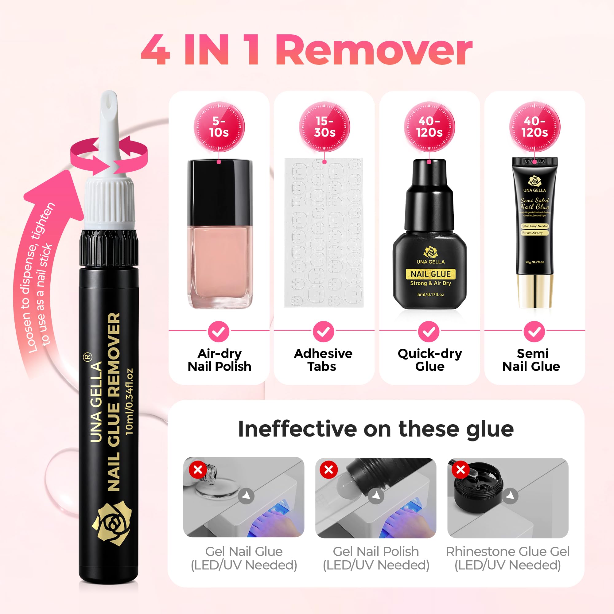 UNA GELLA Nail Glue Remover for Press-On Nails – Gentle, Non-Acetone, 2x10ml