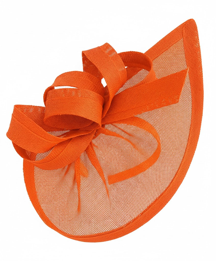 Caprilite Vegan Moon Hoop Fascinator Hat on Headband Wedding Ascot Races Bespoke Sinamay Disc - Orange
