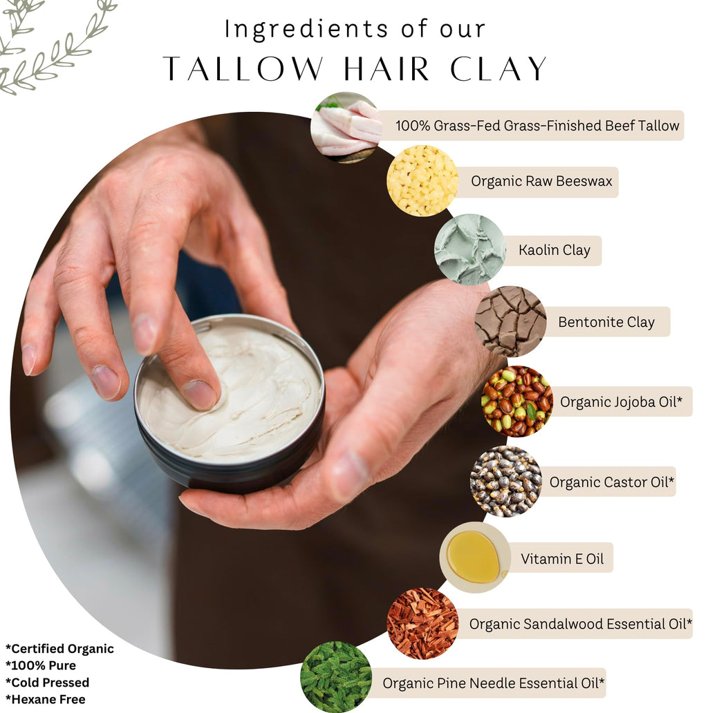 Untamed Organics Tallow Hair Clay | Medium Hold, Natural Finish | Grass-Fed Tallow Pomade | 2 FL. OZ.