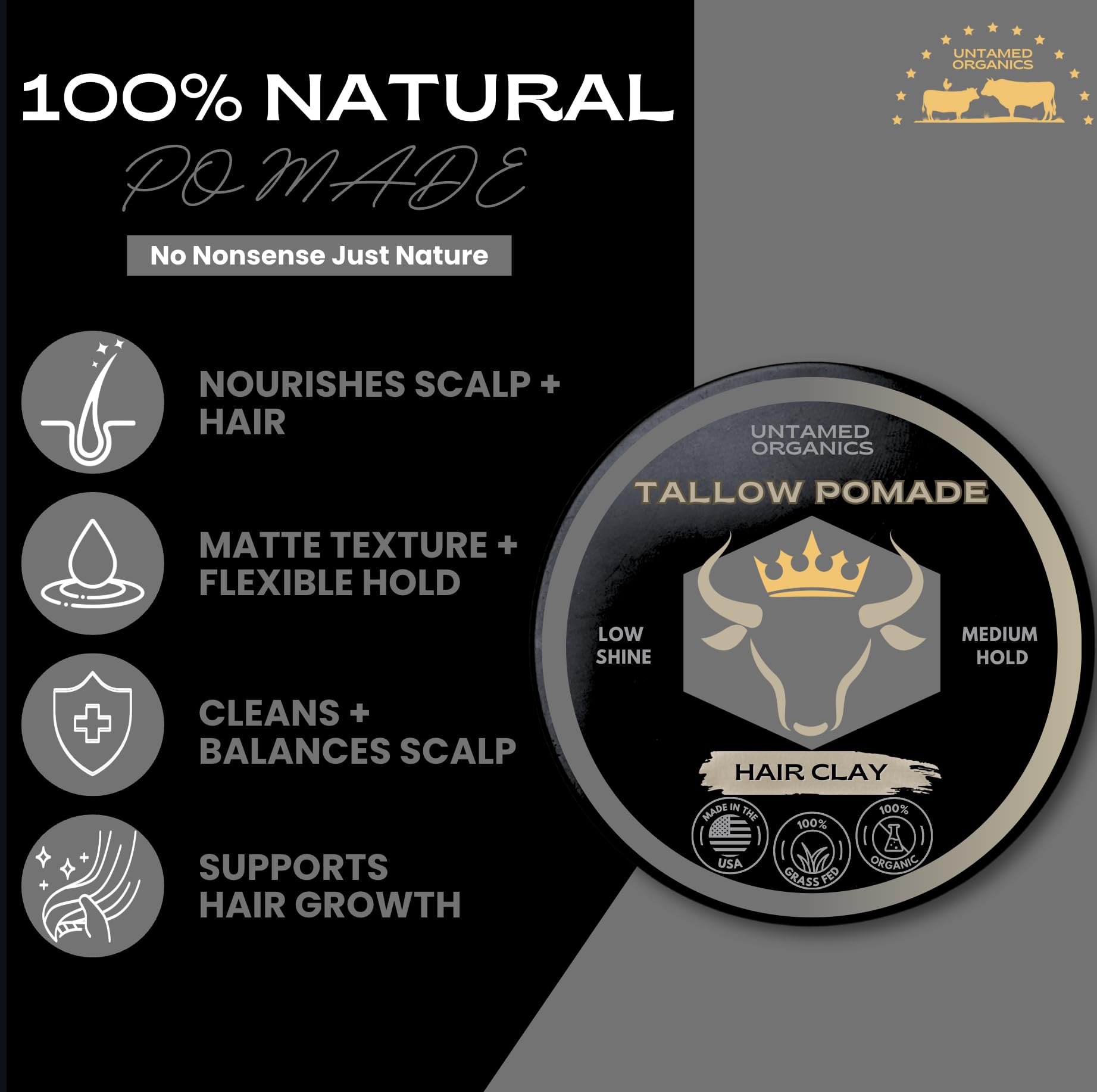 Untamed Organics Tallow Hair Clay | Medium Hold, Natural Finish | Grass-Fed Tallow Pomade | 2 FL. OZ.