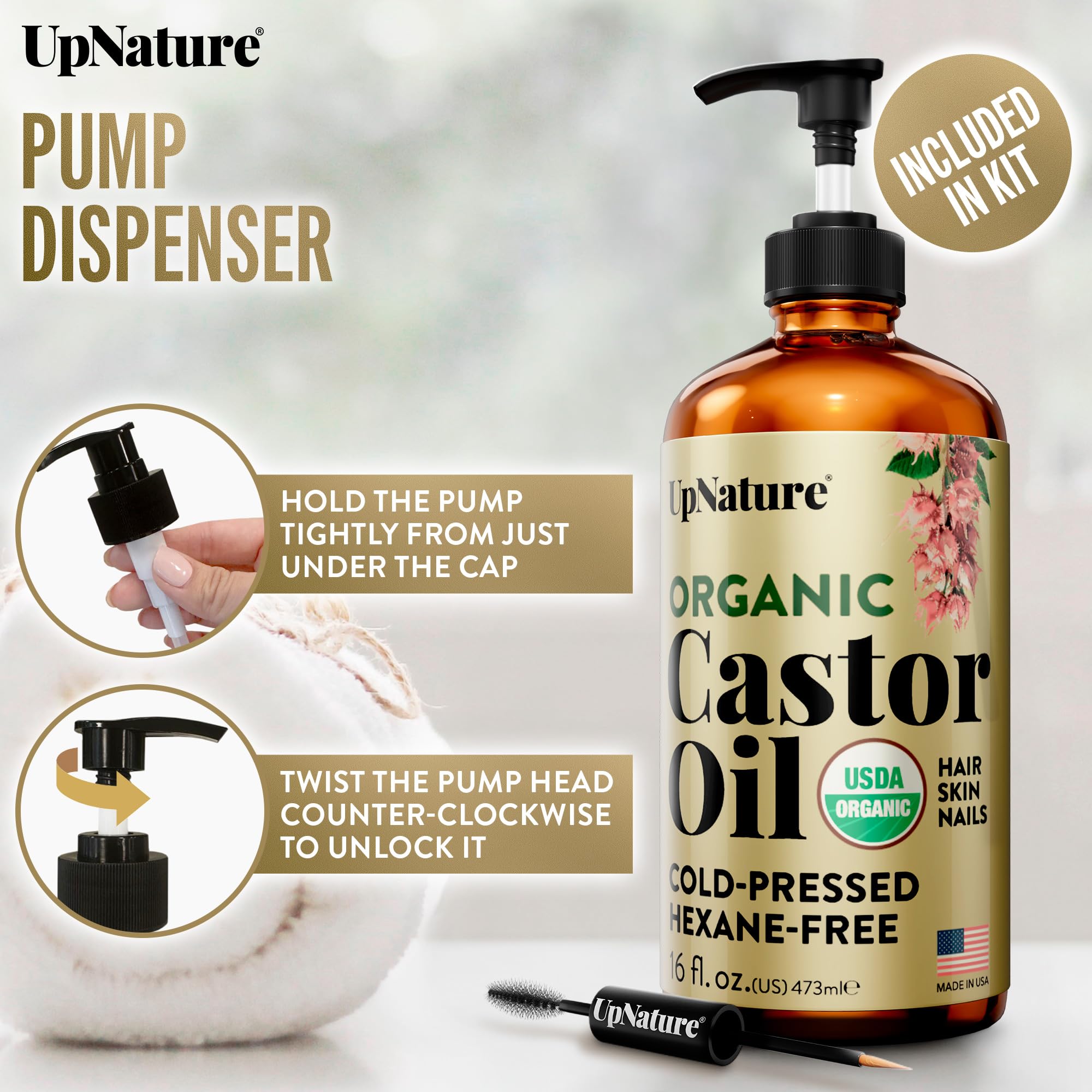 UpNature Castor Oil Organic – 100% Pure Castor Oil for Hair, Skin & Brows | 16 oz