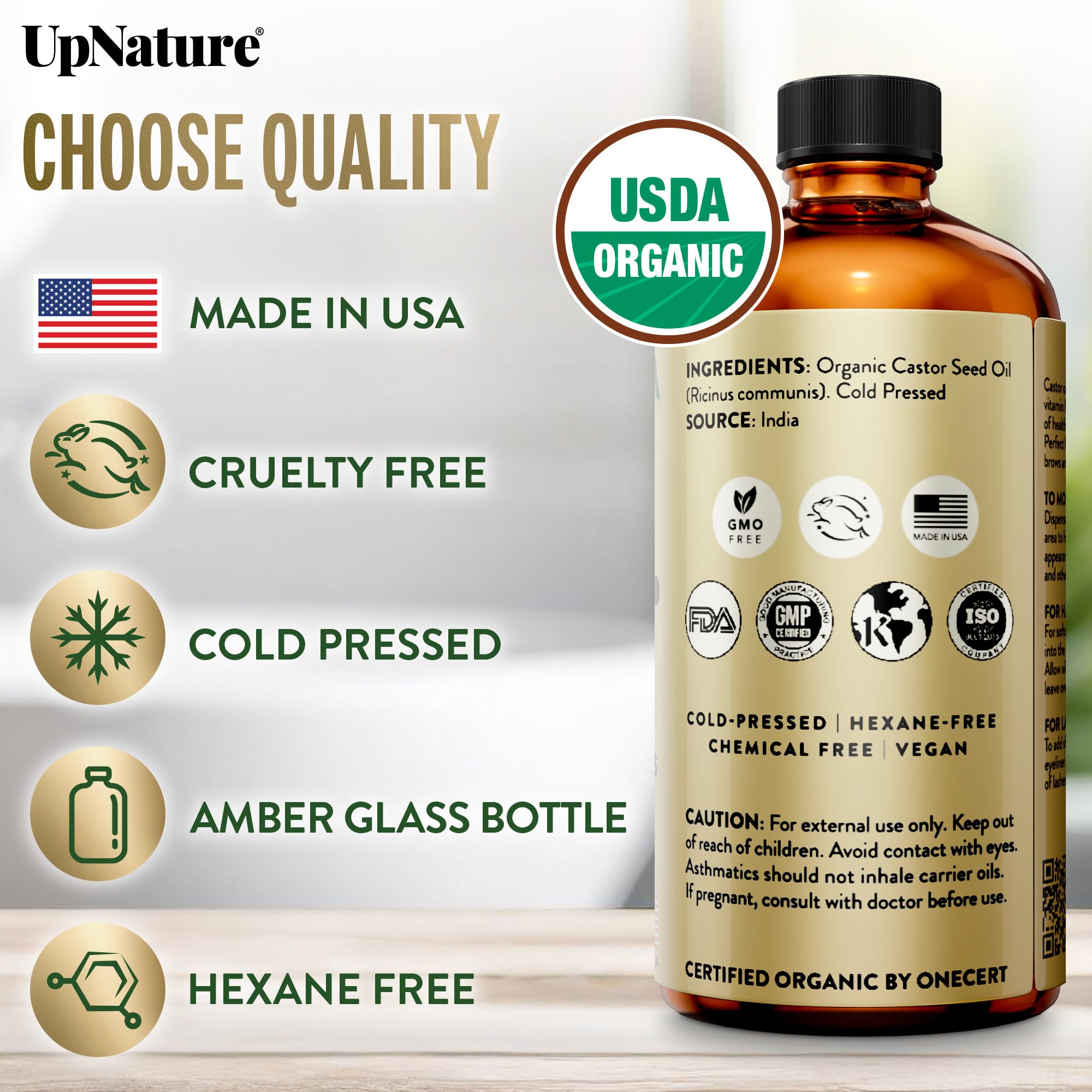 UpNature Castor Oil Organic – 100% Pure Castor Oil for Hair, Skin & Brows | 16 oz