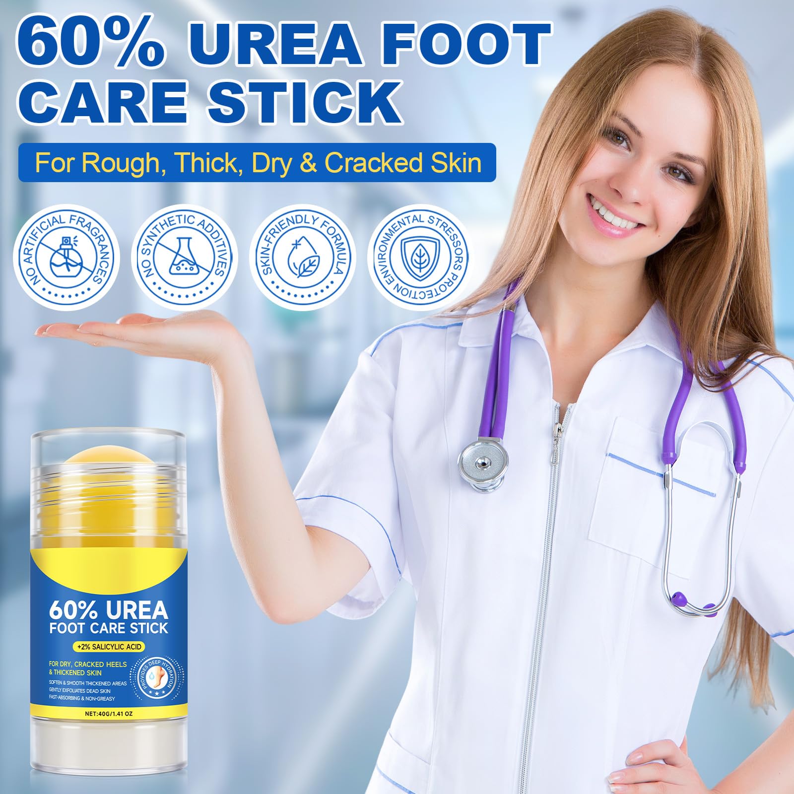 Urea 60% & Salicylic Acid 2% Moisturizing Stick Balm – Callus Softener for Feet & Hands (40g)