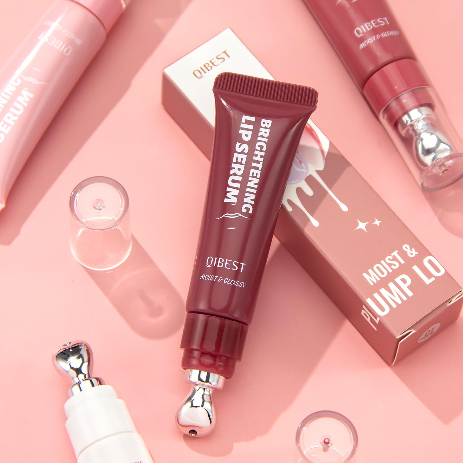 URQT Brightening Lip Serum Set – Hydrating Glossy Lip Oil with Cooling Metal Applicator (4PCS)