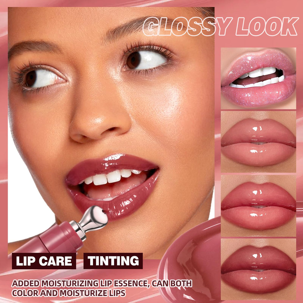 URQT Brightening Lip Serum Set – Hydrating Glossy Lip Oil with Cooling Metal Applicator (4PCS)