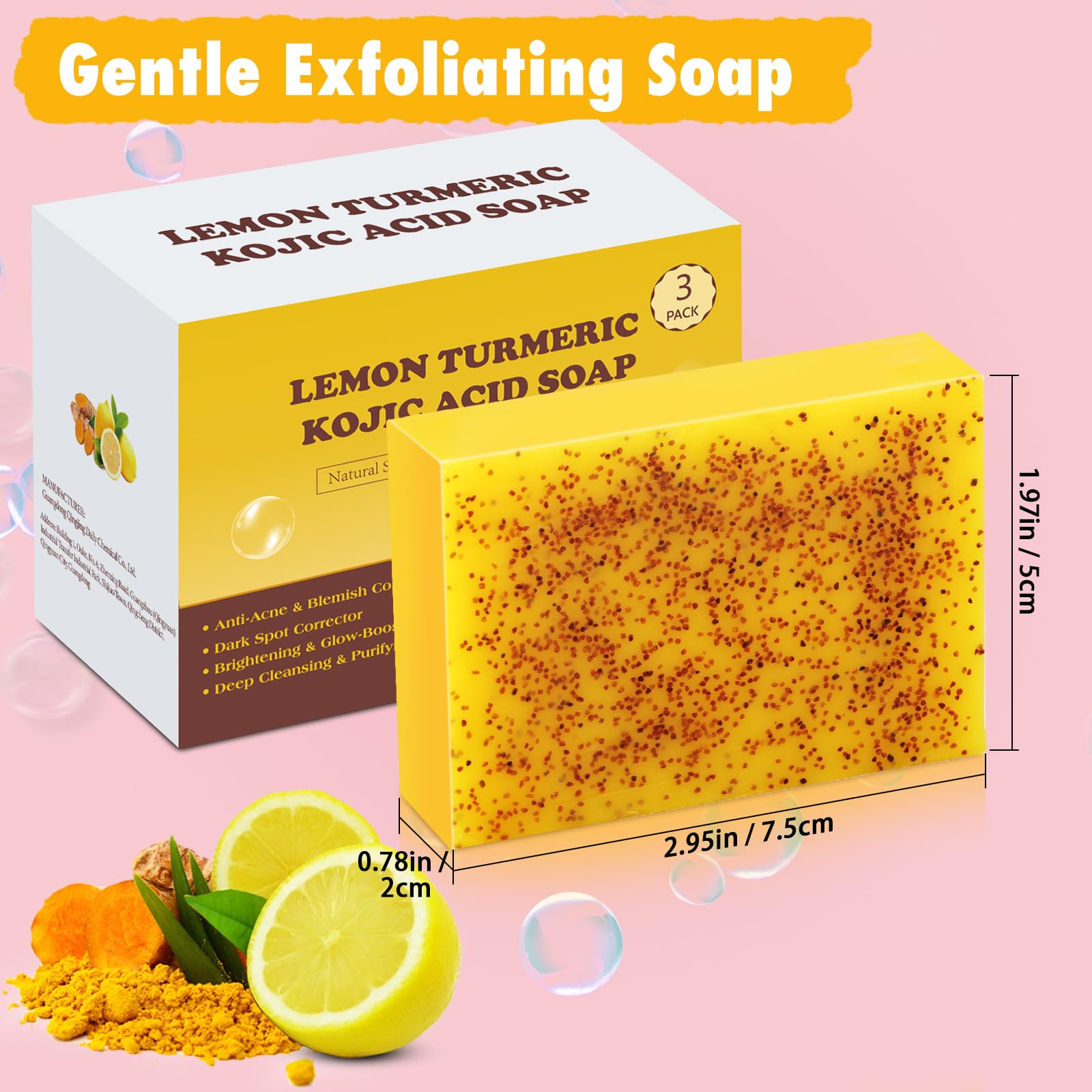 Urrznp Kojic Soap Bar | Lemon Turmeric with Vitamin C for Dry, Sensitive Skin | 3 Bars
