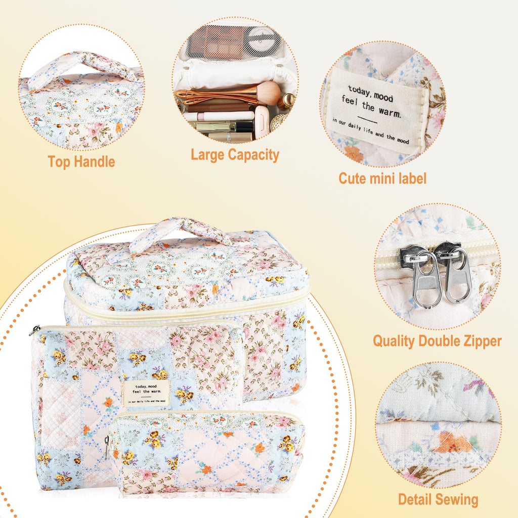 URSKYTOUS 3Pcs Cotton Quilted Makeup Bag Set – Floral Bee Pattern, Travel Cosmetic Bags
