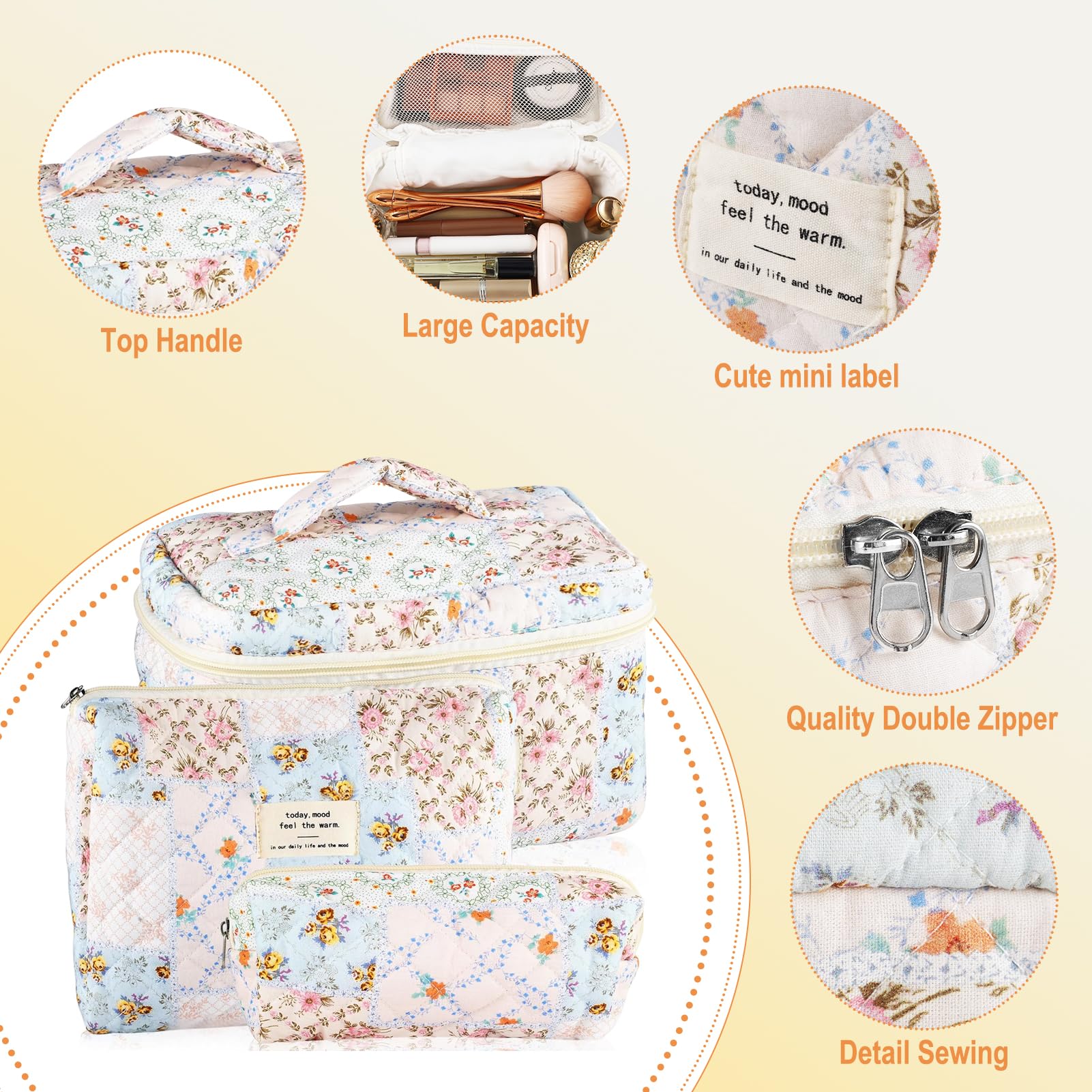 URSKYTOUS 3Pcs Cotton Quilted Makeup Bag Set – Floral Bee Pattern, Travel Cosmetic Bags