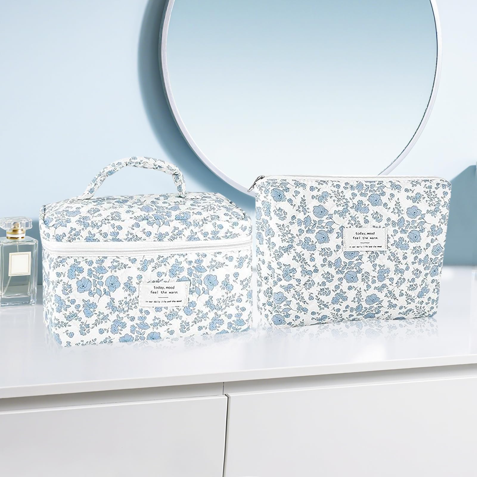 URSKYTOUS 2Pcs Cotton Quilted Makeup Bags — Extra Large & Small Travel Cosmetic Set, Blue Floral