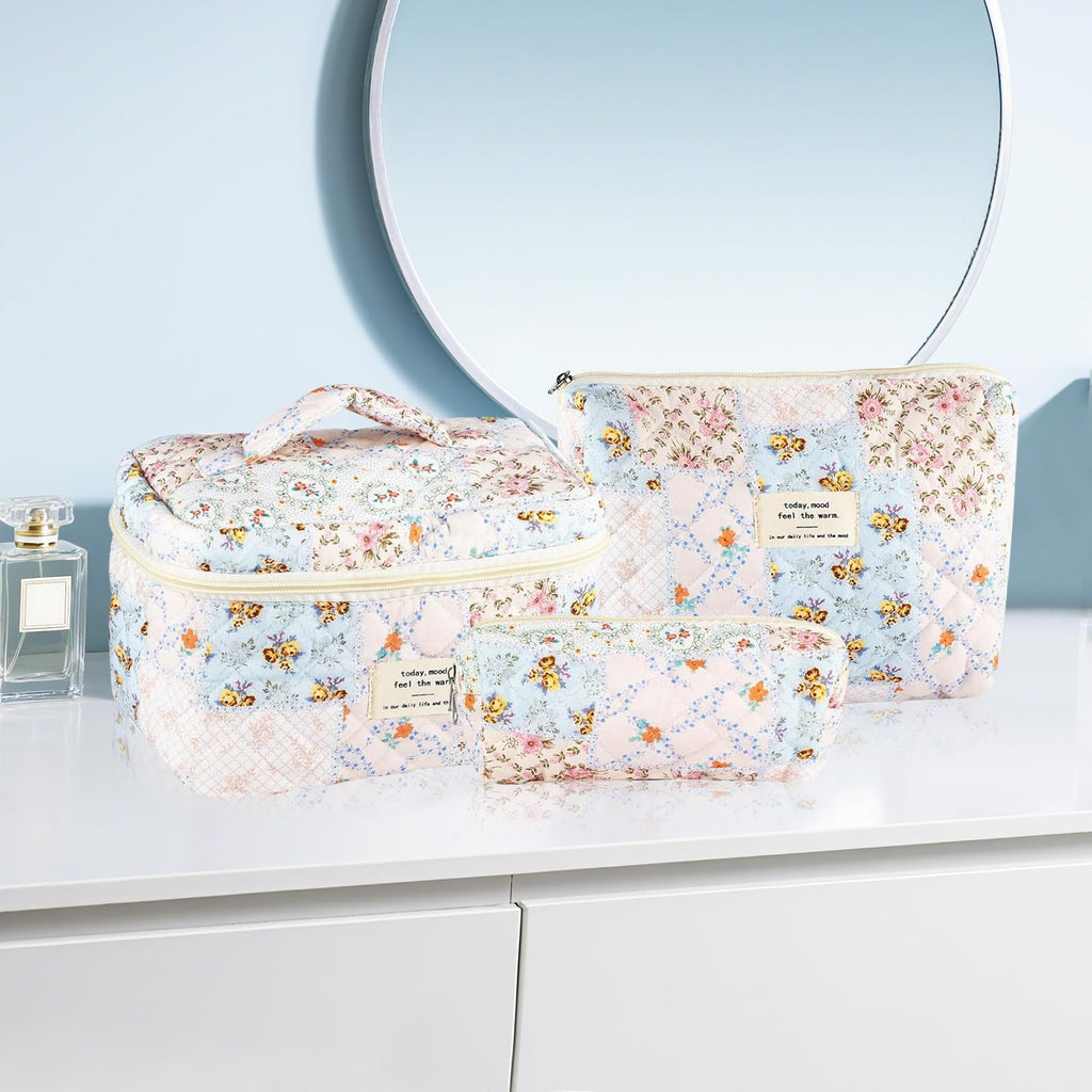 URSKYTOUS 3Pcs Cotton Quilted Makeup Bag Set – Floral Bee Pattern, Travel Cosmetic Bags