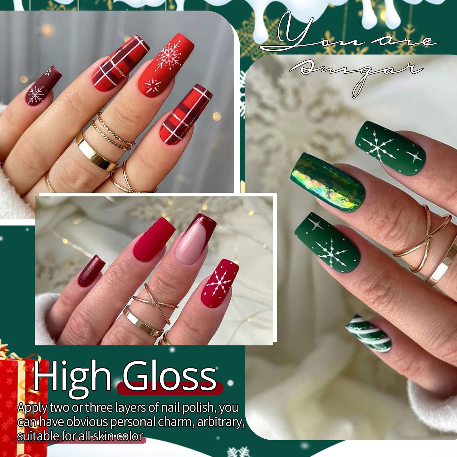 UR SUGAR Christmas Gel Nail Polish Set — 6 Colors (Sparkle Green, Dark Green, Glitter Red, Christmas Red, Bling Silver, Glitter Champagne)