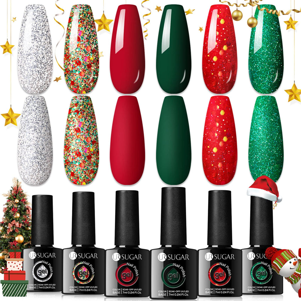 UR SUGAR Christmas Gel Nail Polish Set — 6 Colors (Sparkle Green, Dark Green, Glitter Red, Christmas Red, Bling Silver, Glitter Champagne)
