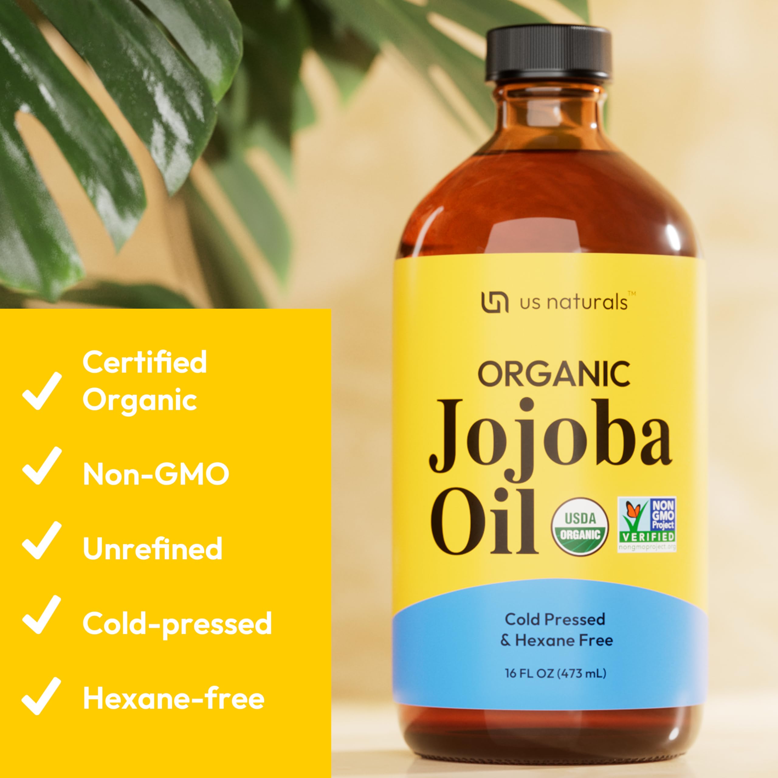 Us Naturals 16oz Organic Jojoba Oil – Cold-Pressed, Unrefined, USDA Organic & Non-GMO in Glass