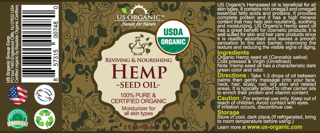 US Organic Hemp Seed Oil – Certified Organic, Cold-Pressed Virgin, Unrefined, 2 oz (56 ml) Amber Glass Bottle