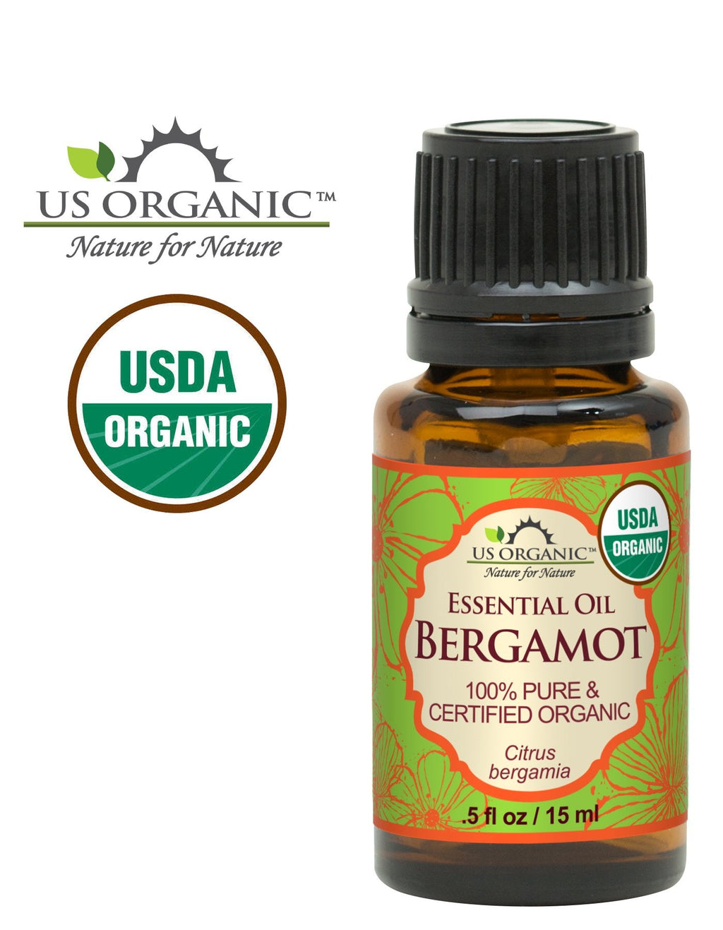 US Organic 100% Pure Bergamot Essential Oil – USDA Organic, Cold-Pressed, 15 ml with Euro Droppers